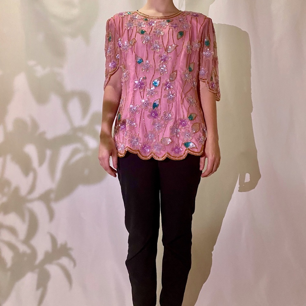 Vintage, pure silk, hand beaded, blouse